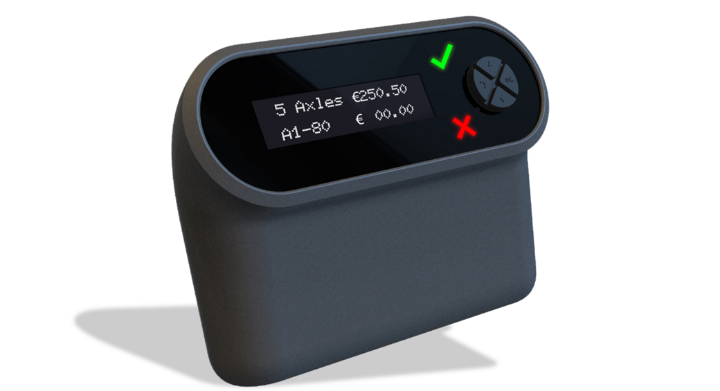  A black electronic device with a small screen displaying text and two buttons: a green checkmark and a red X. The screen shows details like "5 Axles €250.50" and "A1-80 €00.00". The device has a modern, sleek design with rounded edges.